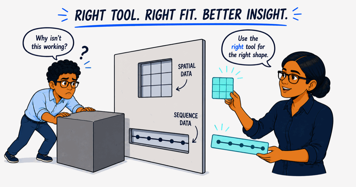Cartoon banner of Nilay puzzling over one oversized generic block while Amara calmly offers two correctly shaped tools, one for a grid of pixels and one for a timeline sequence.