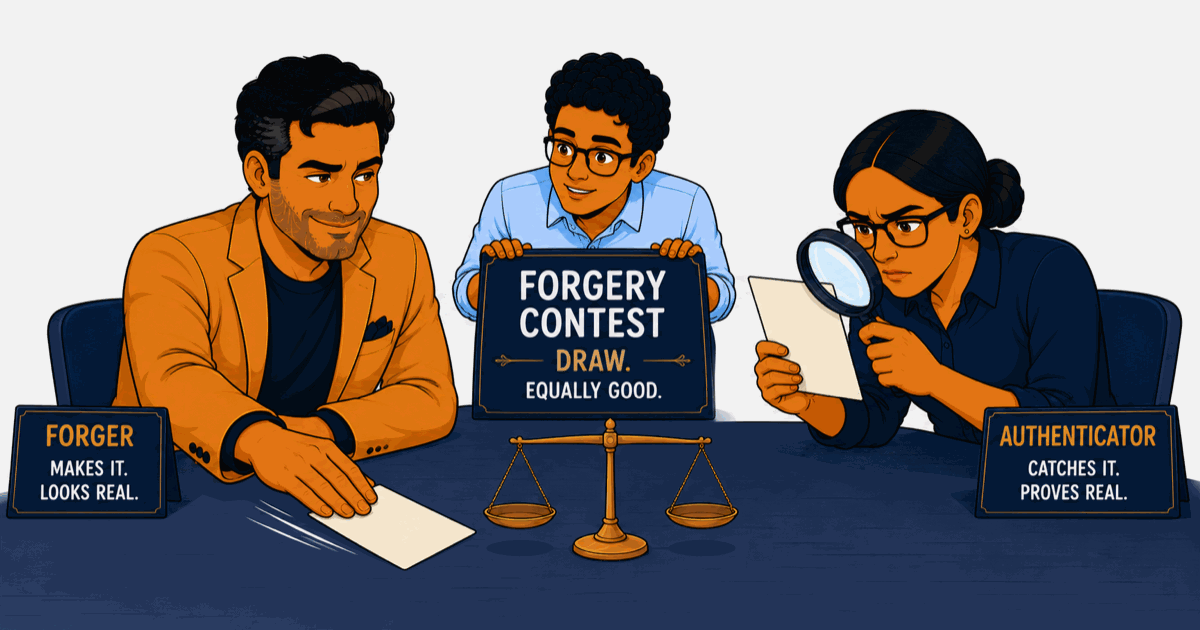 Cartoon banner where Vikram as a forger slides a plain unmarked note across a desk, Amara as an authenticator studies it through a magnifier beside a perfectly level balance scale, both deadpan, and Nilay peeks from the side.