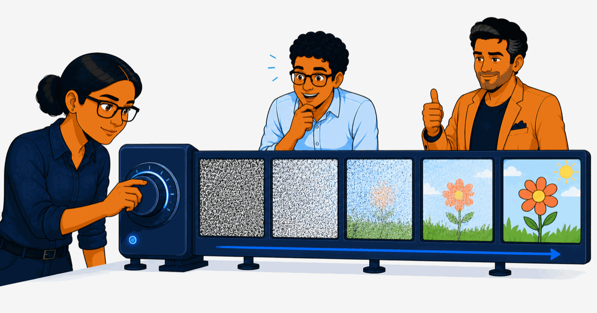 Cartoon banner where Amara turns a dial beside a row of panels that go from a cube of grainy static on the left to a clear simple picture on the right, each panel a little cleaner, while Nilay watches, pleased.