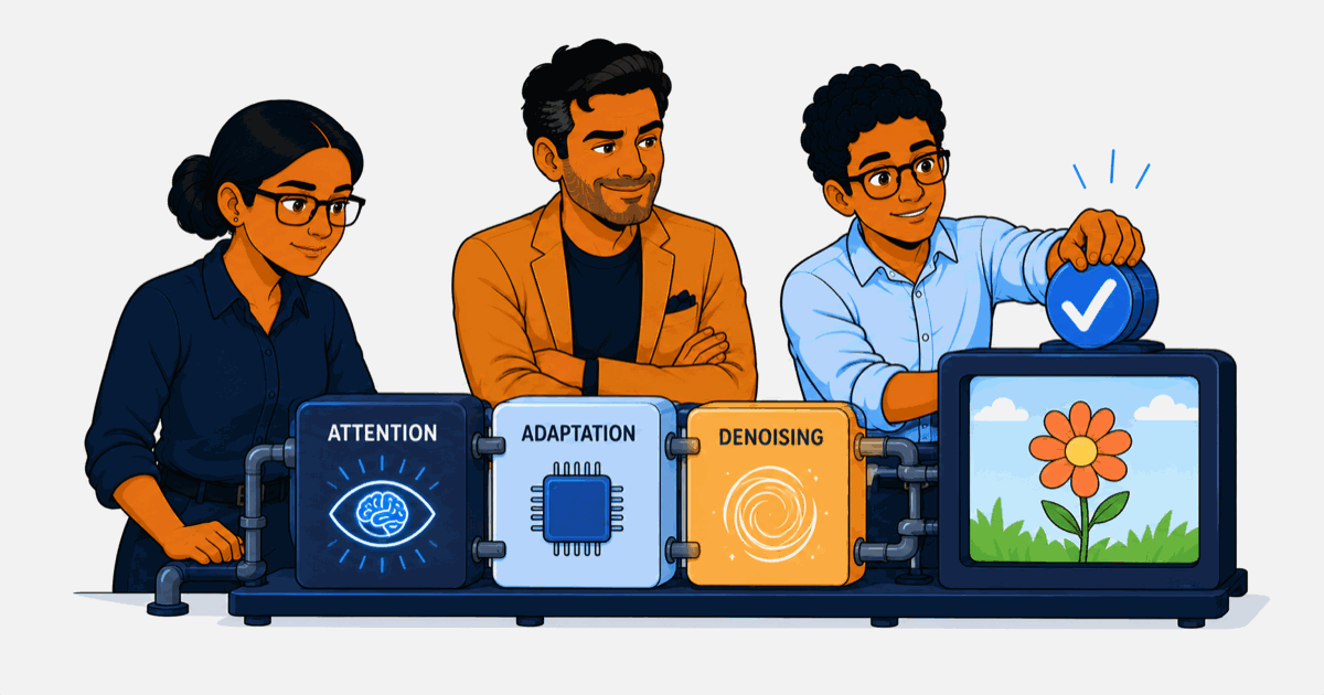 Cartoon banner where Nilay, Amara, and Vikram stand together in front of a friendly machine assembled from a few distinct labelled building blocks, the machine outputs a picture, and Nilay places an approving checkmark on the output.
